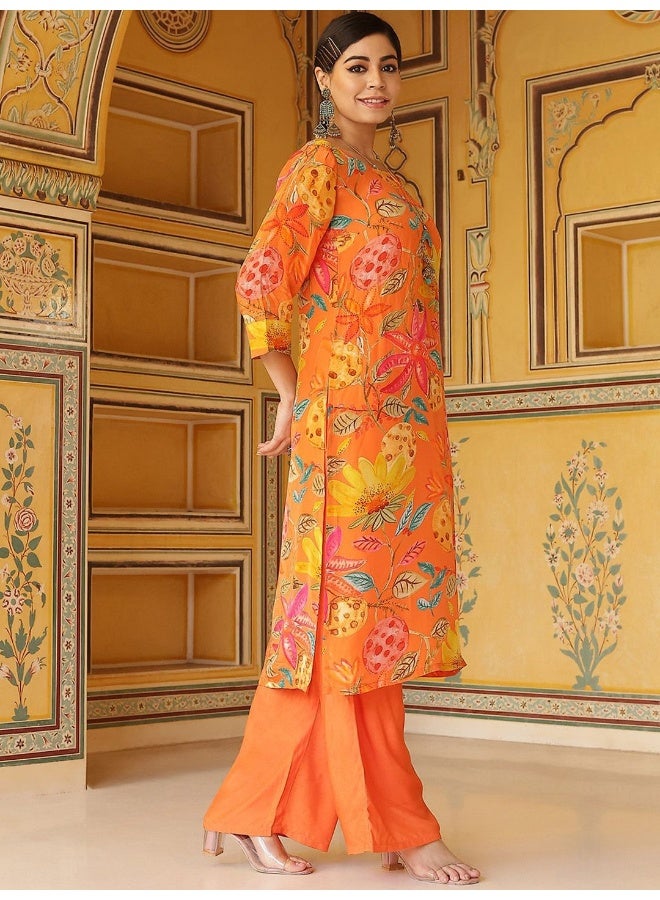 AKS AKS Couture Round Neck Floral Printed Regular Silk Crepe Kurta with Palazzo  - Image 3