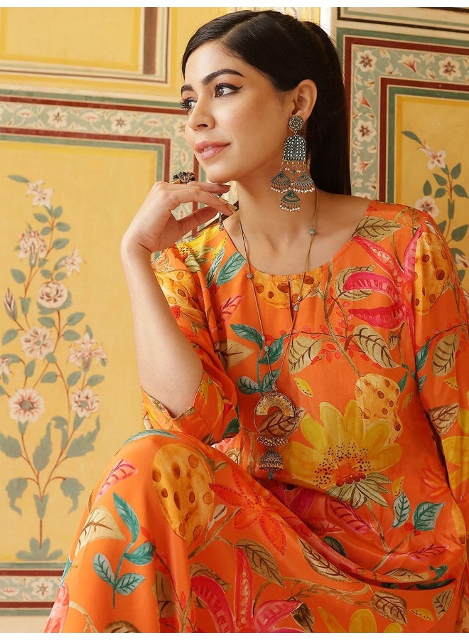AKS AKS Couture Round Neck Floral Printed Regular Silk Crepe Kurta with Palazzo  - Image 2