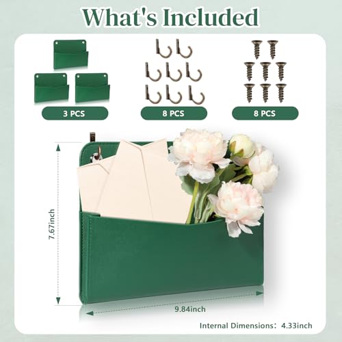 MSHUNKEJI 3 PCS Wall Mount PU Leather Mail Holder Green Faux Leather Letter Holder Stylish Wall Hanging Mail Storage 2 Ring Wall Mail Organizer for Flowers Envelope Key Notebooks Home Office Decor - Image 3
