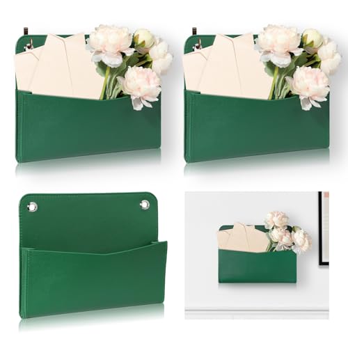MSHUNKEJI 3 PCS Wall Mount PU Leather Mail Holder Green Faux Leather Letter Holder Stylish Wall Hanging Mail Storage 2 Ring Wall Mail Organizer for Flowers Envelope Key Notebooks Home Office Decor - Image 1