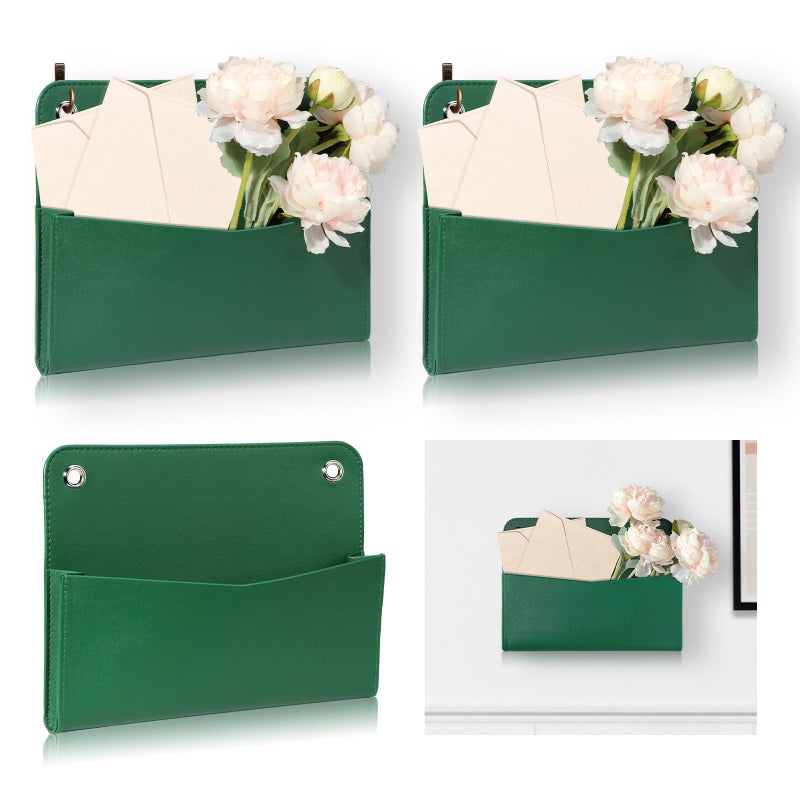 MSHUNKEJI 3 PCS Wall Mount PU Leather Mail Holder Green Faux Leather Letter Holder Stylish Wall Hanging Mail Storage 2 Ring Wall Mail Organizer for Flowers Envelope Key Notebooks Home Office Decor - Image 2