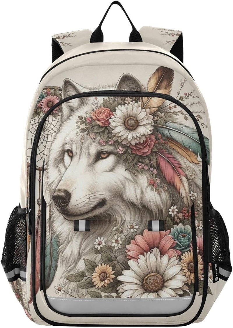 senya Wolf Backpack for Boys Girls Flower Dreamcatcher Wolf Backpack Students Bookbag Daypack for School Primary Teens A01E23034 - Image 1
