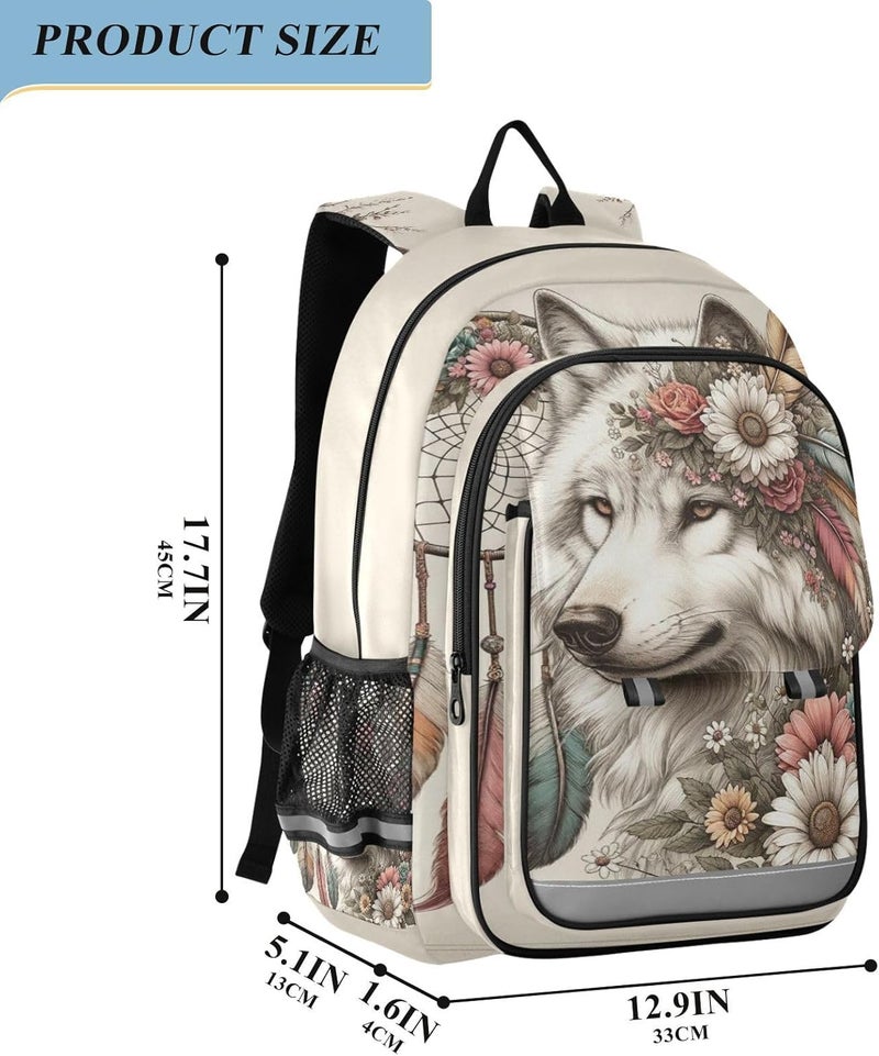 senya Wolf Backpack for Boys Girls Flower Dreamcatcher Wolf Backpack Students Bookbag Daypack for School Primary Teens A01E23034 - Image 2