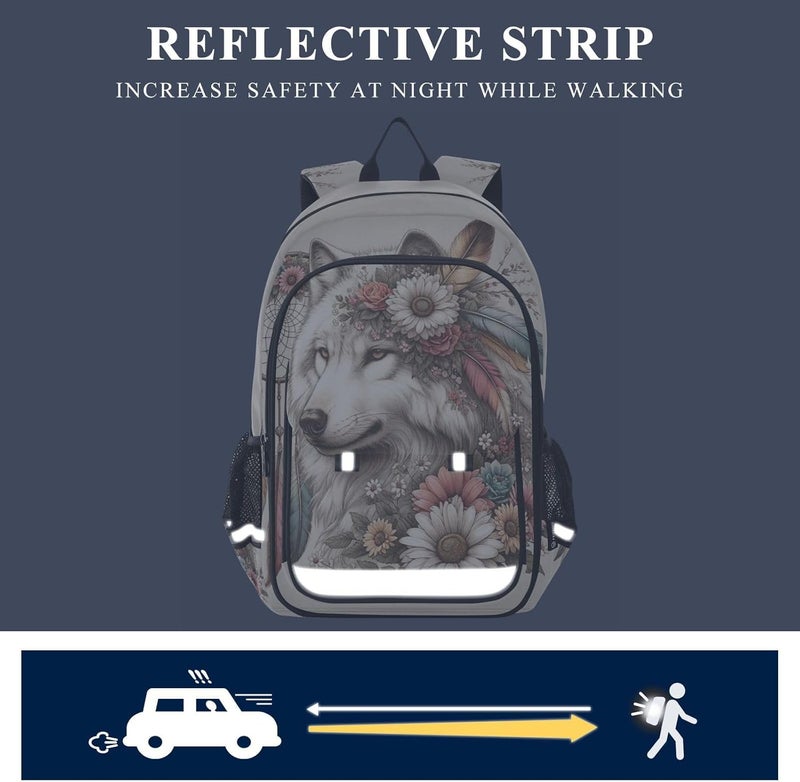 senya Wolf Backpack for Boys Girls Flower Dreamcatcher Wolf Backpack Students Bookbag Daypack for School Primary Teens A01E23034 - Image 5