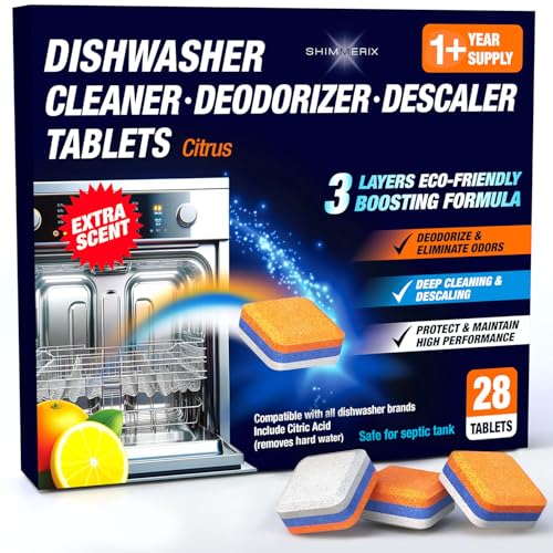 SHIMMERIX Dishwasher Cleaner Deodorizer Descaler Tablets - 28 Tabs - 1 Plus Year Supply - Extra Scented Deep Cleaning Sanitizer Pods - Remove Hard Water - Contain Citric Acid Heavy Duty Septic Safe - Citrus - Image 1
