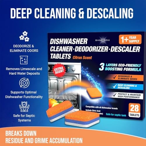 SHIMMERIX Dishwasher Cleaner Deodorizer Descaler Tablets - 28 Tabs - 1 Plus Year Supply - Extra Scented Deep Cleaning Sanitizer Pods - Remove Hard Water - Contain Citric Acid Heavy Duty Septic Safe - Citrus - Image 3