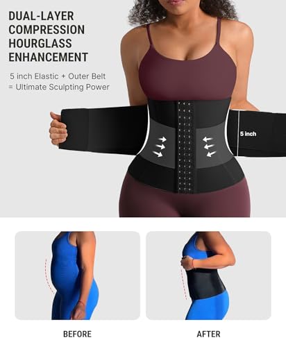 FeelinGirl Womens' Waist Trainer Tummy Control Waist Cincher Trimmer Belt with Hooks Steel Bones Slim Workout Girdle Black - Image 2