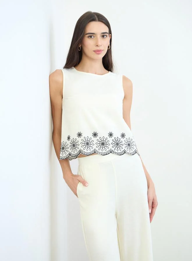 Styli Off White Off White Embroidered Top and Wide Leg Pants Set for Women | Best Price UAE