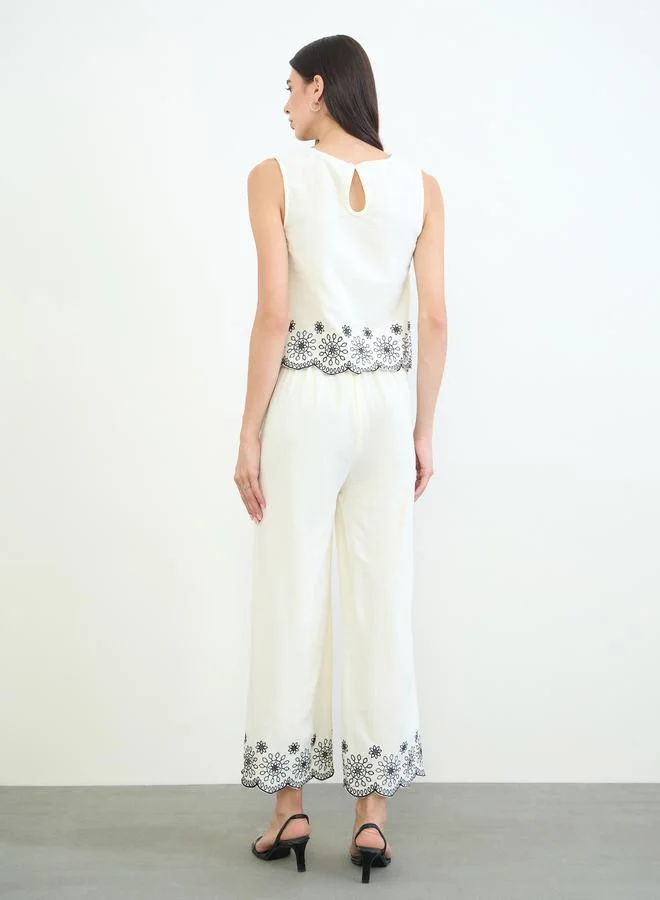 Styli Off White Off White Embroidered Top and Wide Leg Pants Set for Women | Best Price UAE