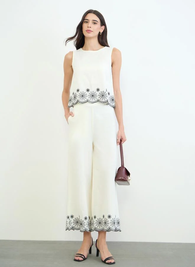 Off White Embroidered Top and Wide Leg Pants Set
