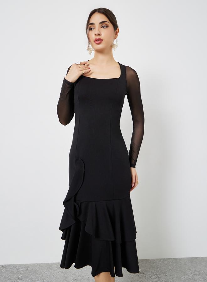 ستايلي فستان ميدي بحافة ميرميد وأكمام طويلة شبكية - Image 3