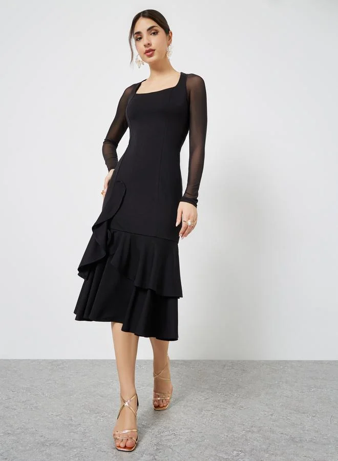 Styli Black Mesh Long Sleeves Mermaid Hem Midi Dress