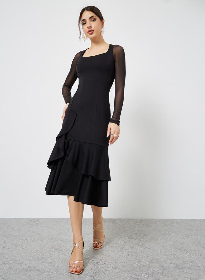 ستايلي فستان ميدي بحافة ميرميد وأكمام طويلة شبكية - Image 2