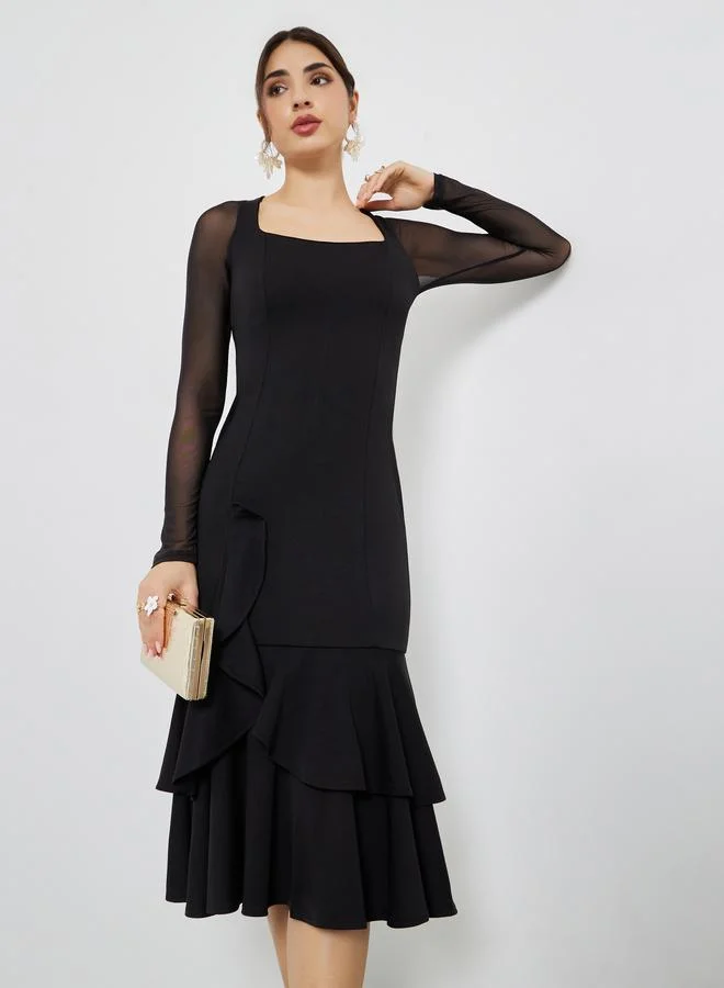 Black Mesh Long Sleeves Mermaid Hem Midi Dress