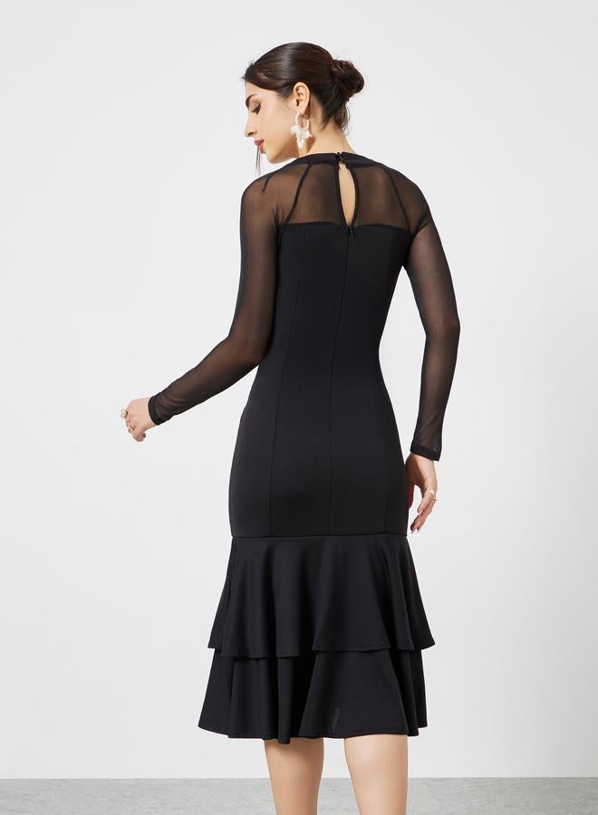 ستايلي فستان ميدي بحافة ميرميد وأكمام طويلة شبكية - Image 5