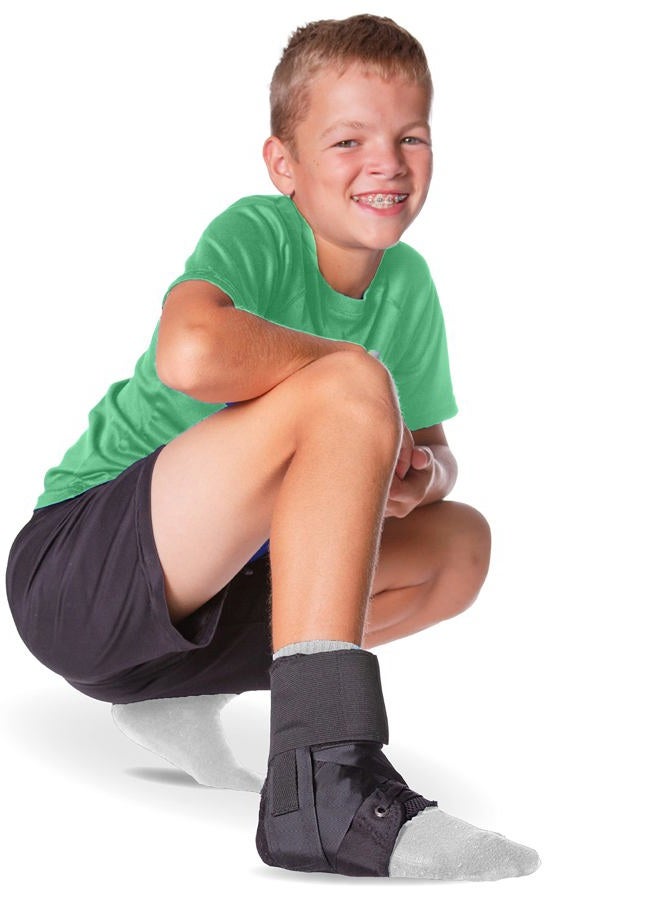 BraceAbility Lace Up Kids Ankle Brace - Pediatric Figure 8 Sprained Foot Support Wrap for Active Youth, Children in Sports, Basketball Protection, Gymnastics, Soccer, and Volleyball (Small) - Image 1