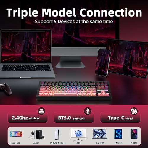 ZORNHER ZH870 Wireless Mechanical Gaming Keyboard,80% Pink & Purple Custom Creamy Sound Keyboard with Shine Through PBT Keycaps,Pre-lubed Linear Switches,Hot-Swappable,RGB Backlit,2.4GHz/USB-C/BT5.0 - Image 3
