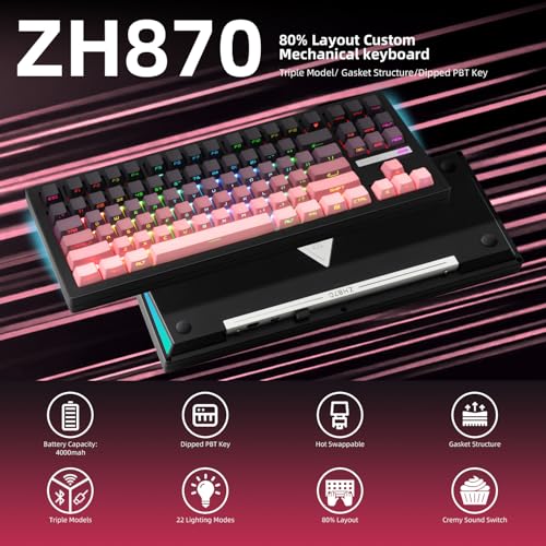 ZORNHER ZH870 Wireless Mechanical Gaming Keyboard,80% Pink & Purple Custom Creamy Sound Keyboard with Shine Through PBT Keycaps,Pre-lubed Linear Switches,Hot-Swappable,RGB Backlit,2.4GHz/USB-C/BT5.0 - Image 2
