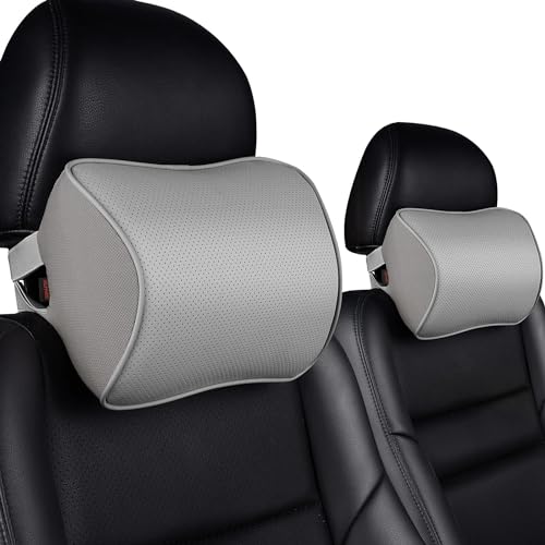 Aukee Memory Foam Car Neck Pillow Soft Leather Car Headrest for Driving Home Office Gray (Pack of 2) - Image 1