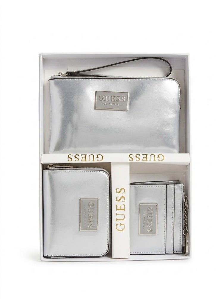GUESS Los Angeles 3-Piece Metallic Gift Set - Includes Wristlet Clutch, Zip Wallet, and Card Holder - Silver - Image 1