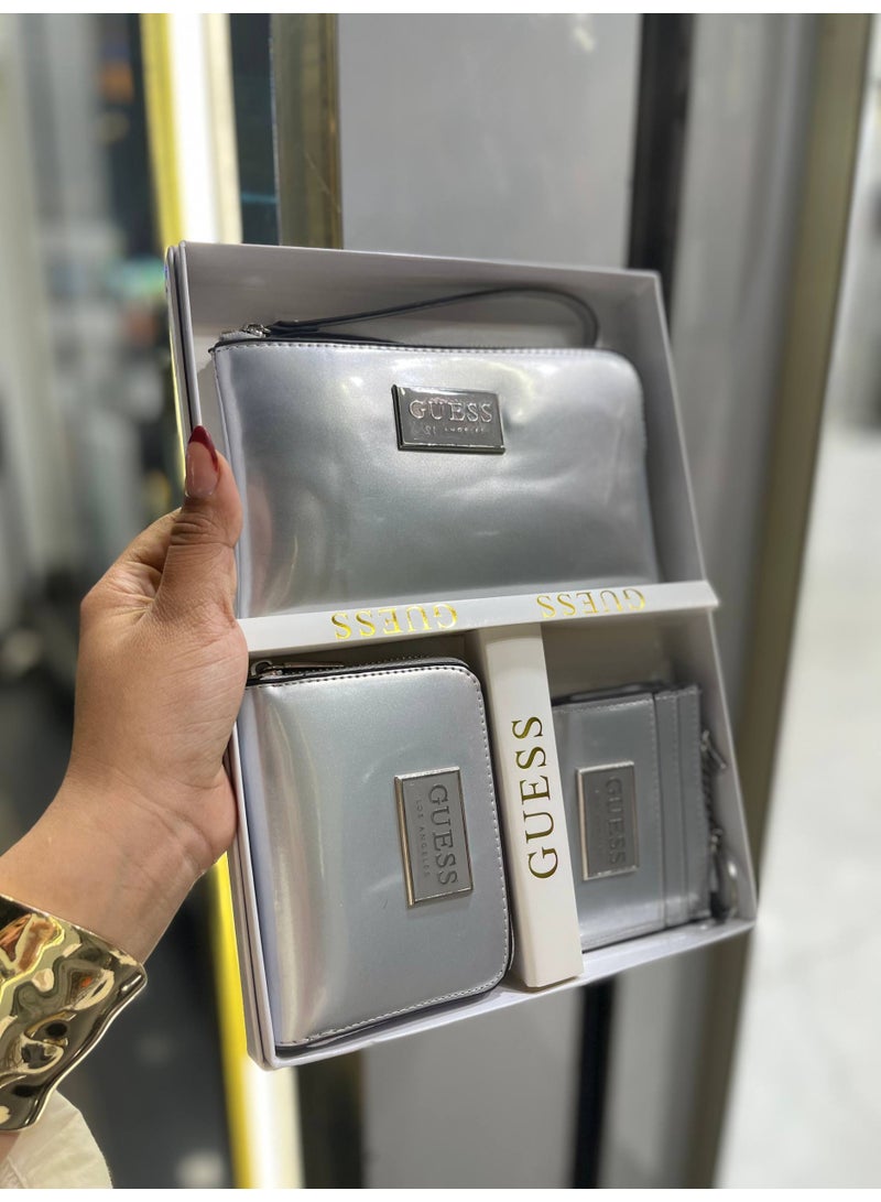 GUESS Los Angeles 3-Piece Metallic Gift Set - Includes Wristlet Clutch, Zip Wallet, and Card Holder - Silver - Image 2
