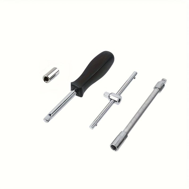 4 Pcs 1 4 Inch Drive Spinner Handle Set With Sliding T Bar Flex Extension And Impact Socket Adapter For Automotive And Mechanical Repairs - Image 1