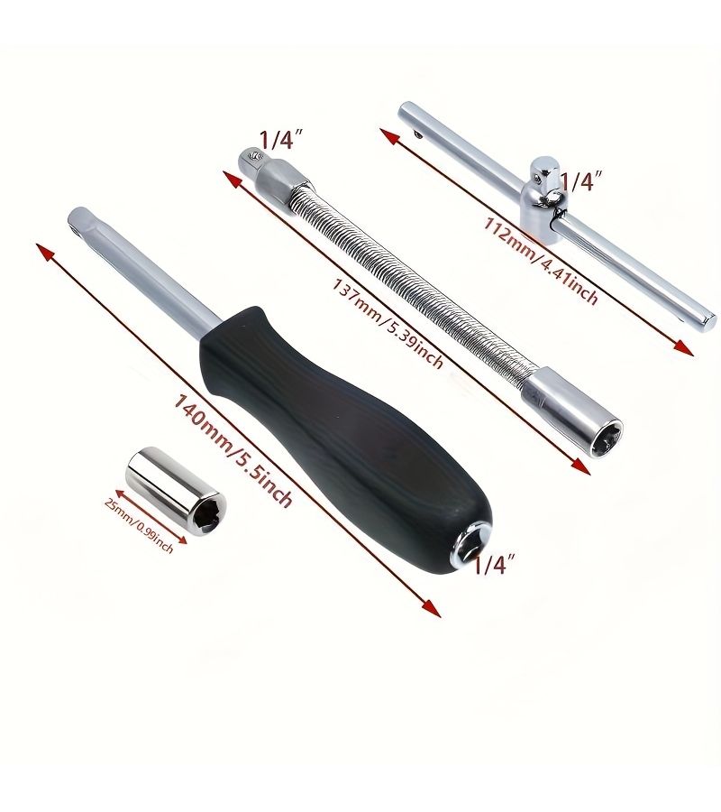 4 Pcs 1 4 Inch Drive Spinner Handle Set With Sliding T Bar Flex Extension And Impact Socket Adapter For Automotive And Mechanical Repairs - Image 2