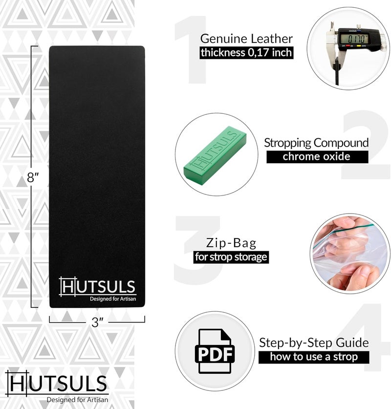 Hutsuls Black Leather Strop with Compound - Get Razor-Sharp Edges with Stropping Kit, Green Honing Compound & Vegetable Tanned Two Sided Leather Strop Knife Sharpener Step-by-Step Guide Included - Image 2