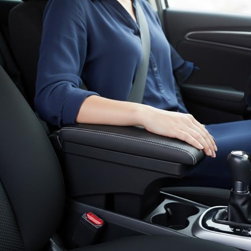 KMH Premium Armrest for Honda Jazz 2014+, WR-V Center Console Box with Hold and Storage Compartment with Cushion Pad, Scandinavian Leatherize Soft Memory Foam Support Car Arm Rest - Black Design - Image 1
