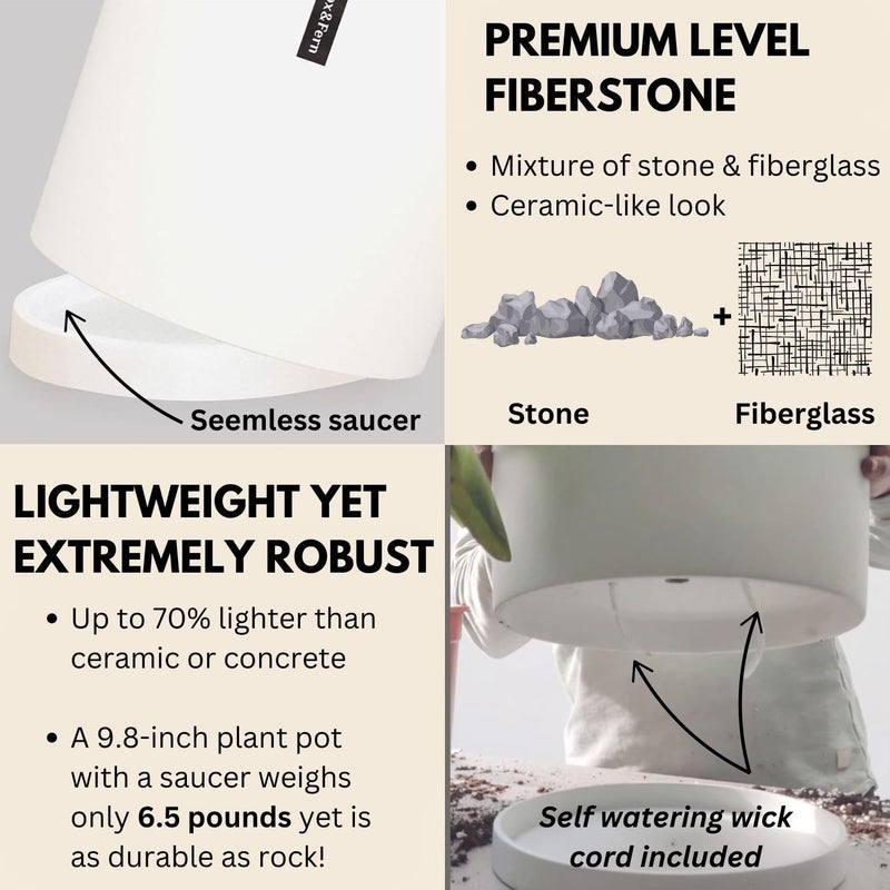Fox & Fern 10 Inch Plant Pot with Hidden Saucer â€” Premium Lightweight Fiberstone Matte White Self Watering Planter with Seamless Saucer; Indoor & Outdoor Use; Weather Resistant & UV Resistant - Image 2