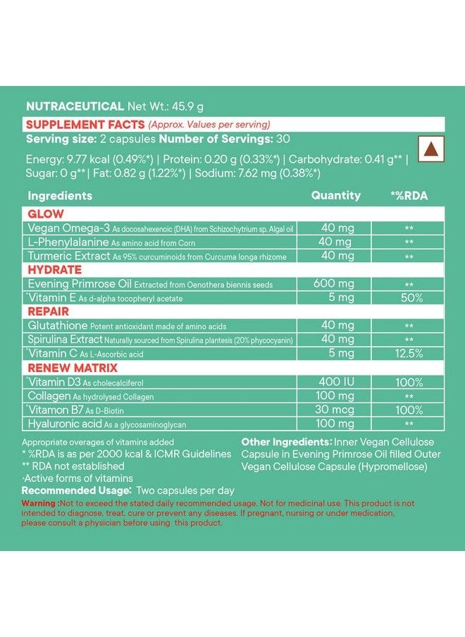 WELLBEING NUTRITION - Slow; Hair Skin & Nails; Collagen Glutathione Hla Biotin In Omega 3 And Evening Primrose Oil; Skin Glow & Renew Matrix Hair Growth And Repair (60 Capsules Pack Of 2) - Image 1