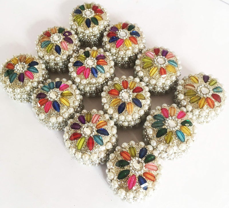 SM Creations Decorative Jewelry Box 6 cm x 6 cm x 3 CM Pack of 12pc Decorative Vanity Box Sindoor Dabbi Kumkum Dani Handicraft box Silver Multicolor - Image 1