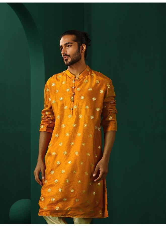 trueBrowns Men's Mustard Geometric Floral Viscose Silk Long Kurta  - Image 5