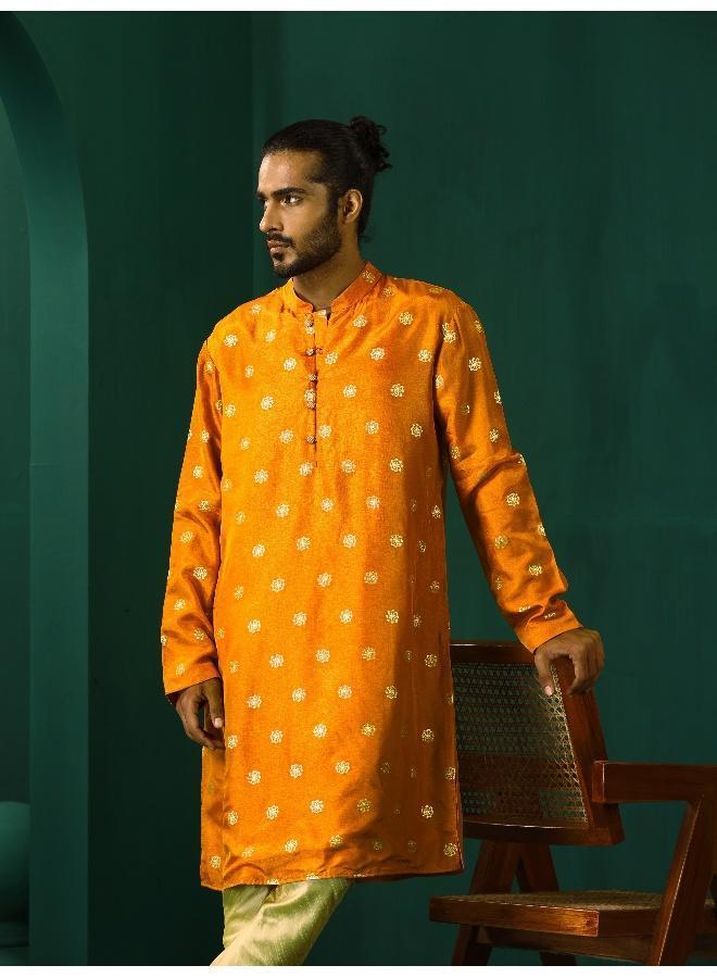 trueBrowns Men's Mustard Geometric Floral Viscose Silk Long Kurta  - Image 3
