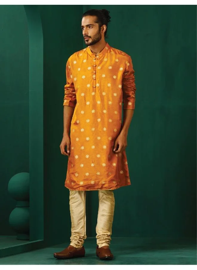 trueBrowns Men's Mustard Geometric Floral Viscose Silk Long Kurta