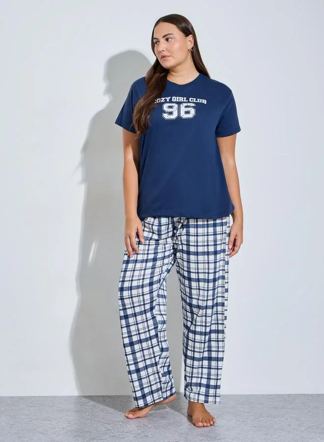 Styli Plus Size Graphic Print T-Shirt and Checked Pyjama Set