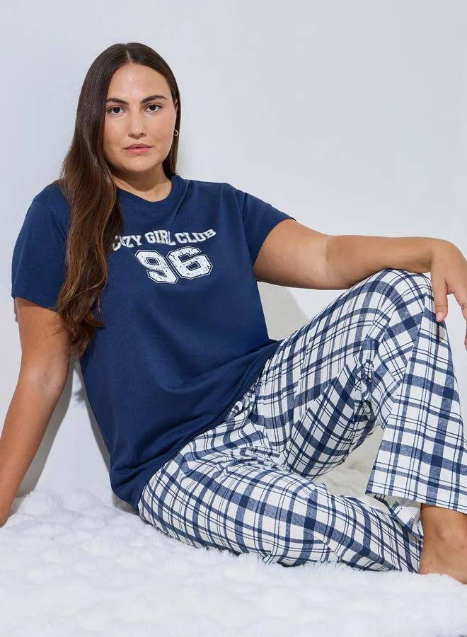 Styli Plus Size Graphic Print T-Shirt and Checked Pyjama Set