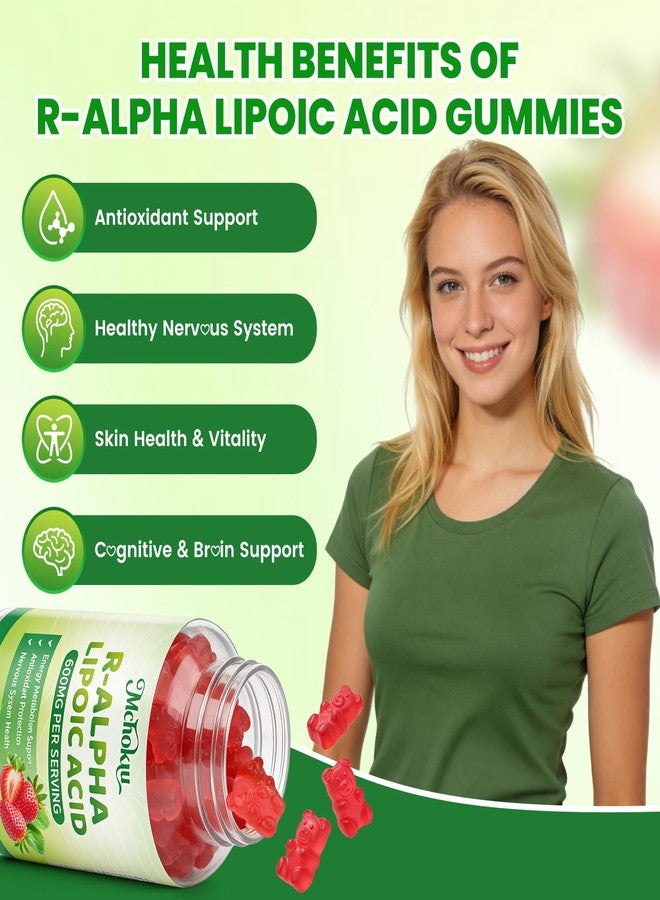 Mchokuu R Alpha Lipoic Acid 600mg Gummies, Stabilized R-Alpha Lipoic Acid, ALA Supplement for Nerve Health, Antioxidant & Metabolism Support- Vegan, Non-GMO, Gluten Free, Strawberry Flavor - 120 Count - Image 3