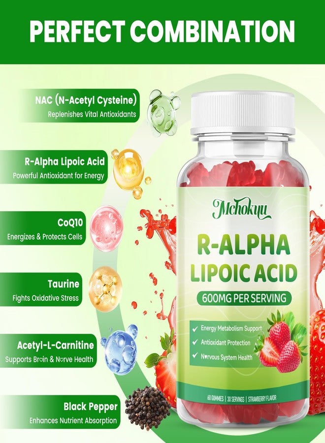 Mchokuu R Alpha Lipoic Acid 600mg Gummies, Stabilized R-Alpha Lipoic Acid, ALA Supplement for Nerve Health, Antioxidant & Metabolism Support- Vegan, Non-GMO, Gluten Free, Strawberry Flavor - 120 Count - Image 2