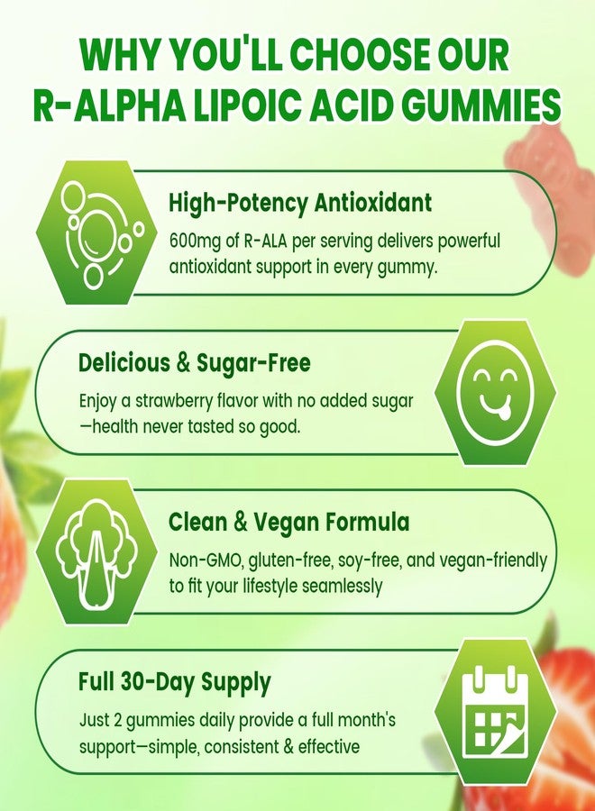 Mchokuu R Alpha Lipoic Acid 600mg Gummies, Stabilized R-Alpha Lipoic Acid, ALA Supplement for Nerve Health, Antioxidant & Metabolism Support- Vegan, Non-GMO, Gluten Free, Strawberry Flavor - 120 Count - Image 4