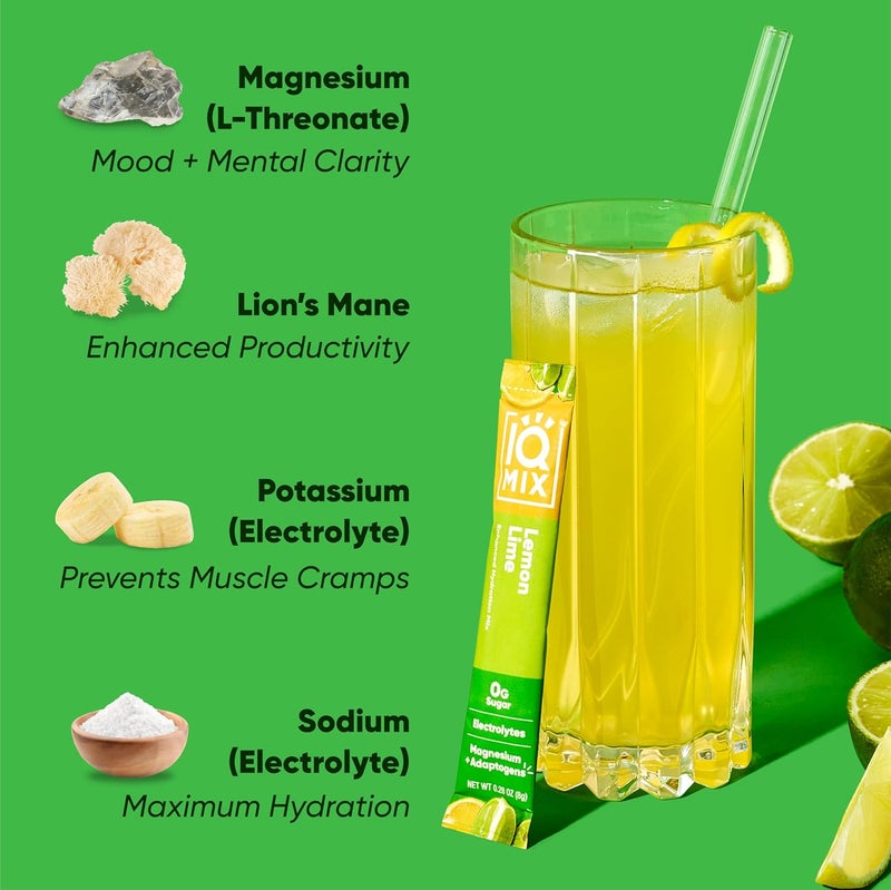 IQBAR IQMIX Hydration Electrolyte Powder  4in1 Formula for Hydration Mental Clarity Mood and Recovery  SugarFree Drink Mix Keto Magnesium LThreonate Lions Mane  20 Count Lemon Lime - Image 5