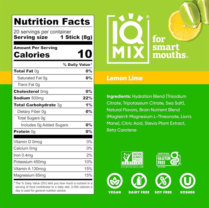 IQBAR IQMIX Hydration Electrolyte Powder  4in1 Formula for Hydration Mental Clarity Mood and Recovery  SugarFree Drink Mix Keto Magnesium LThreonate Lions Mane  20 Count Lemon Lime - Image 3