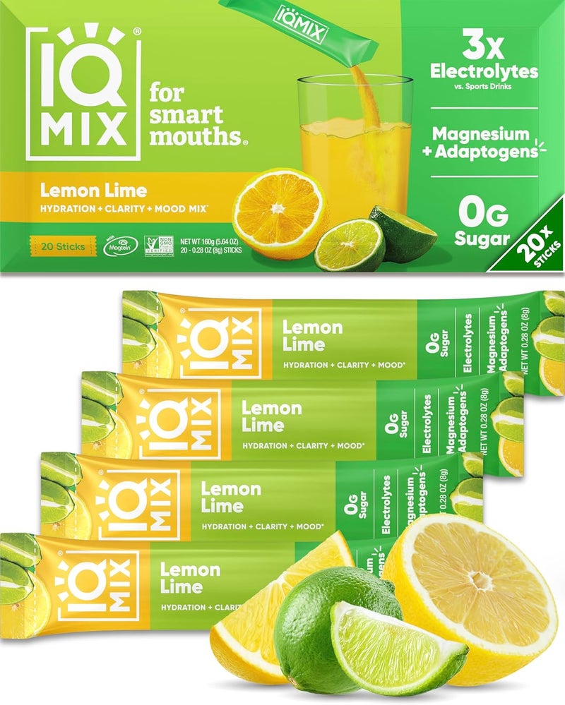 IQBAR IQMIX Hydration Electrolyte Powder  4in1 Formula for Hydration Mental Clarity Mood and Recovery  SugarFree Drink Mix Keto Magnesium LThreonate Lions Mane  20 Count Lemon Lime - Image 1