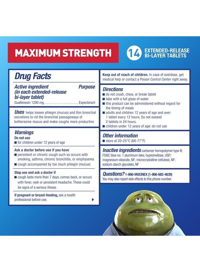 MUCINEX 12 Hour Maximum Strength 1200 mg Guaifenesin Extended-Release Tablets for Excess Mucus Relief, Expectorant Aids Excess Mucus Removal, Chest Congestion Relief, 14 Tablets  - Image 2