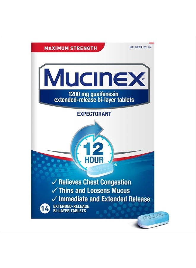 MUCINEX 12 Hour Maximum Strength 1200 mg Guaifenesin Extended-Release Tablets for Excess Mucus Relief, Expectorant Aids Excess Mucus Removal, Chest Congestion Relief, 14 Tablets  - Image 1