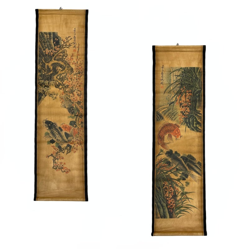 CIFIBIFUN 4PCS/Set Wall Scroll Hanging Painting Decor Japanese Koi Fish Flower Fengshui, Ancient Paintings Replica Asia Traditional Art, Attract Wealth Four Seasons - Image 5