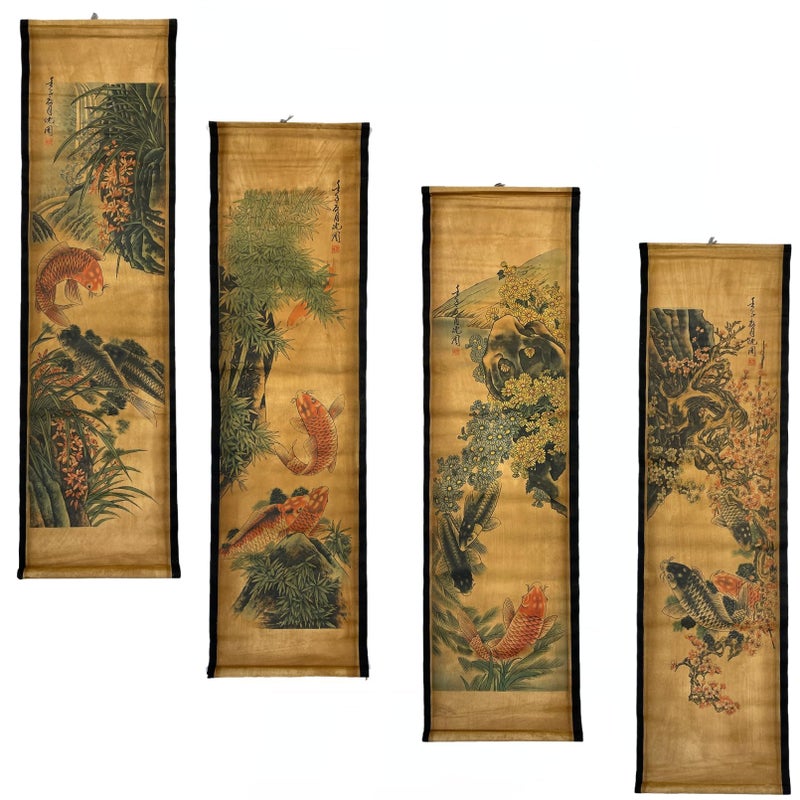 CIFIBIFUN 4PCS/Set Wall Scroll Hanging Painting Decor Japanese Koi Fish Flower Fengshui, Ancient Paintings Replica Asia Traditional Art, Attract Wealth Four Seasons - Image 1