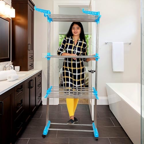 SUNDRY Premium Cloth Drying Stand - 3 Way Folding, 22 Drying Rails, Lightweight (Heay Stainless Steel) Laundry Solution (Blue) - Image 1