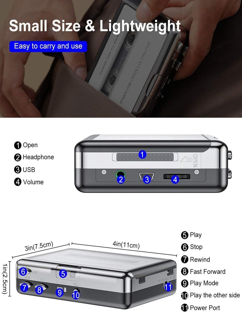Tobo Cassette Player – Portable Tape Player Captures MP3 Audio Music via USB Stereo Recording Compatible with Laptops and Personal Computers – Convert Tape Cassettes -(TD-148CA-01) - Image 3