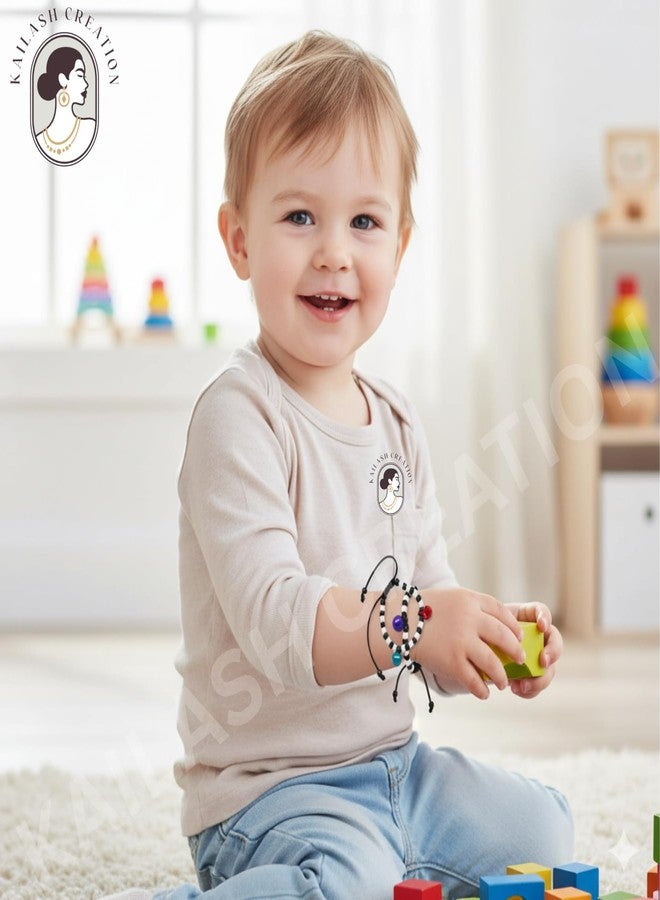Kailash Creation Baby Nazariya Bracelets Kada for Newborn Boys & Girls (0-5 Years) | Adjustable Black & White Beads Thread | Baby Shower, Birth, Naming Ceremony & Mundan Function (Multicolor Bells, Pack of 4) - Image 3